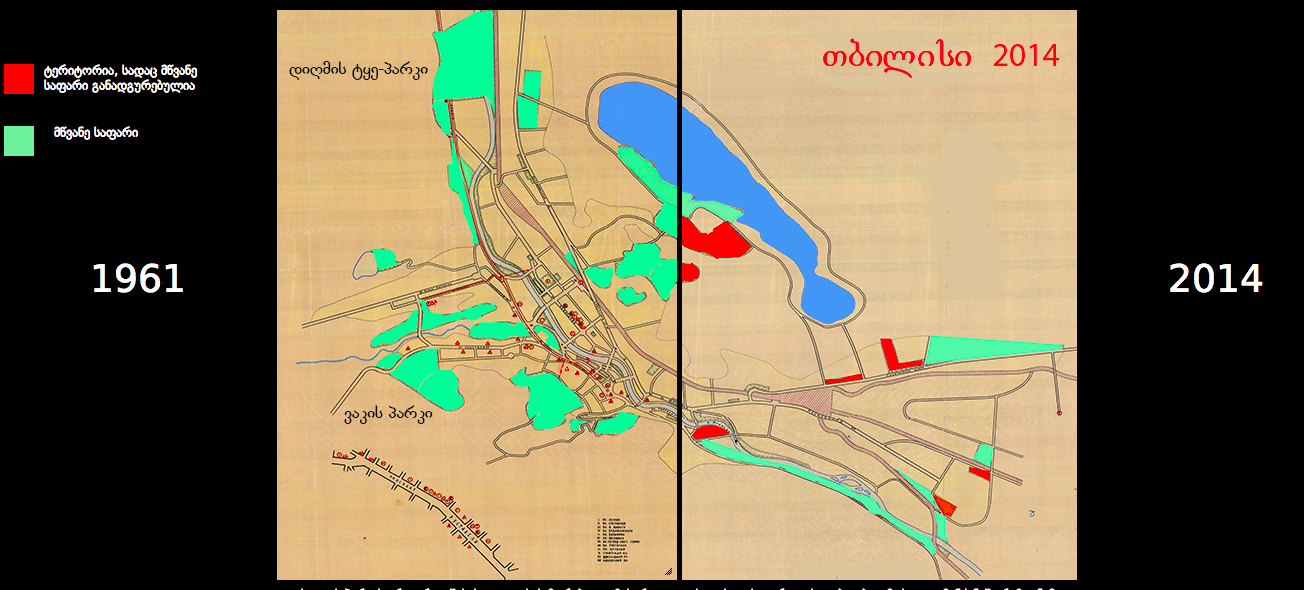 Tiflis Haritasında kırmızı yerler 1963'ten bugüne kaybedilmiş yeşil alanları gösteriyor
