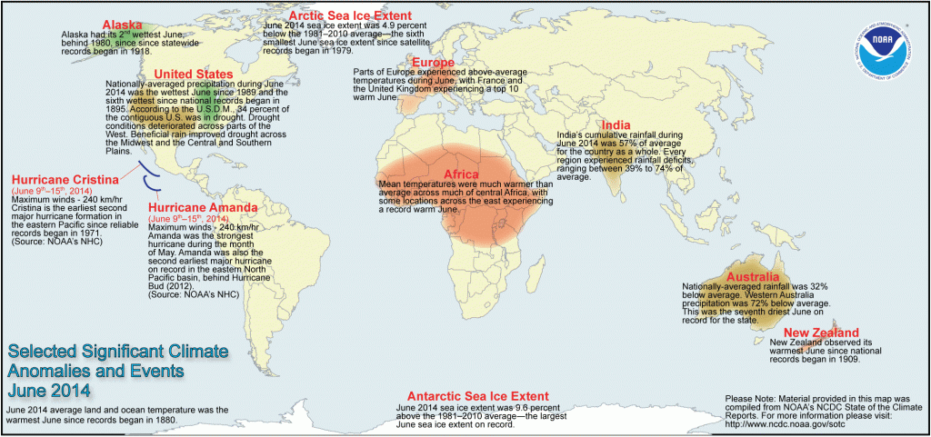 NOAA'nın yayınladığı 2014 Haziran ayı anormallikler ve hava olayları haritası