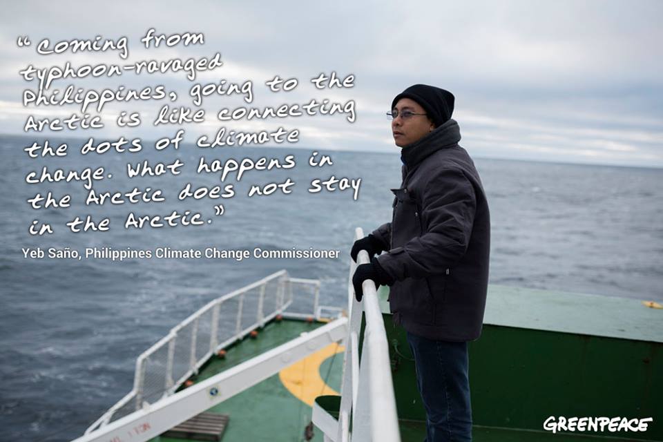 Yeb Sano Kutup Denizi’ndeki Greenpeace Esperanza gemisinde:  “Tayfun felaketini yaşayan bir Filipinli olarak, Kuzey Kutbu’na gitmek İklim değişikliğinin boşluklarını doldurmak gibi. Kuzey Kutbu’nda olanlar, tüm dünyayı etkiliyor.” Ümit Şahin ve Ömer Madra’nın Kuzey Kutbu’nda bulunan Yeb Sano ile Açık Radyo’da yaptıkları röportaj Yeşil Gazete’de yayınlamıştı.