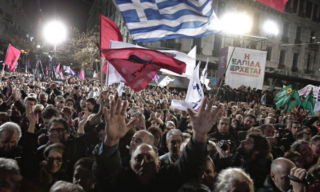 Syriza destekçileri Atina’da seçim öncesi mitingde. Yannis Kolesidis/EPA