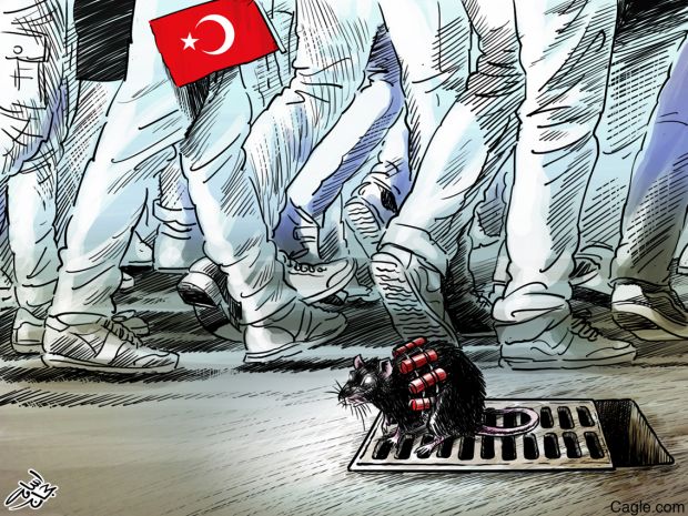 Ürdünlü karikatürist Osama Hajjaj'ın çalışması Türkiye'de gerçekleşen intihar saldırılarını betimliyor