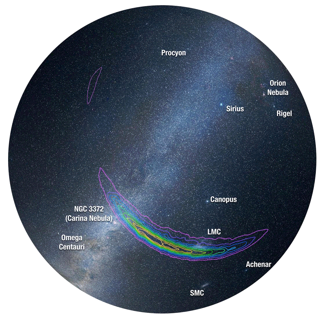 Dünya'dan gökyüzünün haritası. İkili kara delik birleşmesinin olası konumları görülebilir. (Görsel: Shane Larson, Northwestern Universitesi) 