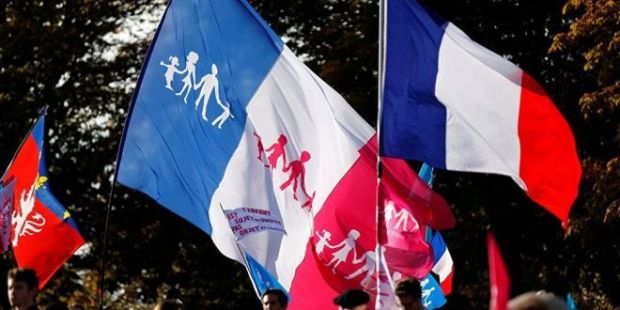 La Manif Pour Tous'un yürüyüşünde sözde 'ideal aile' temalı Fransa Bayrakları da taşındı