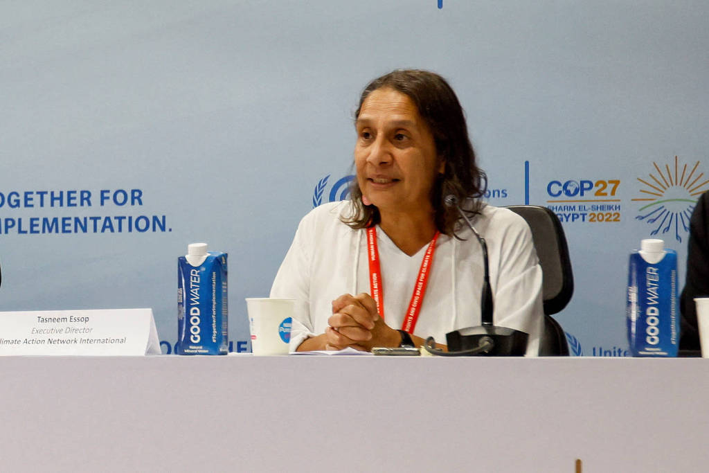CAN (İklim Eylem Ağı) İcra Direktörü Tasneem Essop, Mısır'daki COP27 sırasında bir tartışmaya katılıyor - Emilie Madi/Reuters