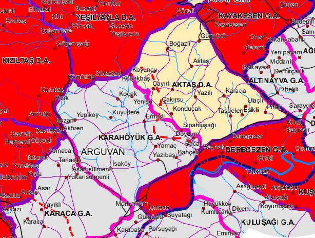 Avlak bölgeleri haritası. Kırmızı alanlar: Ava yasak alanlar, Gri alanlar: Genel avlak alanı. Krem rengi alanlar: Devlet avlağı – Kaynak: Tarım ve Orman Bakanlığı