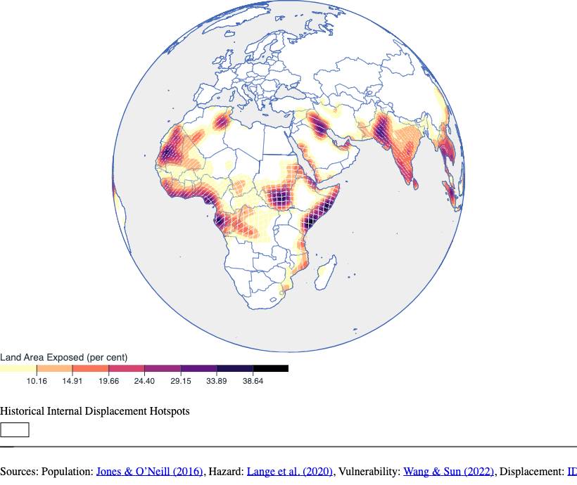 Yüksek ısınma senaryosunda 2030'da dünyadaki bölgelerin ve nüfusların etkilenme oranını gösterir harita - Kaynak: IOM